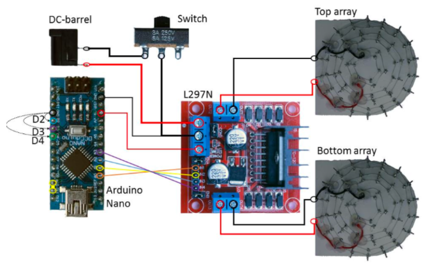 Acoustic levitation payload wiring: Arduino Nano, L298N motor driver, top and bottom transducer arrays